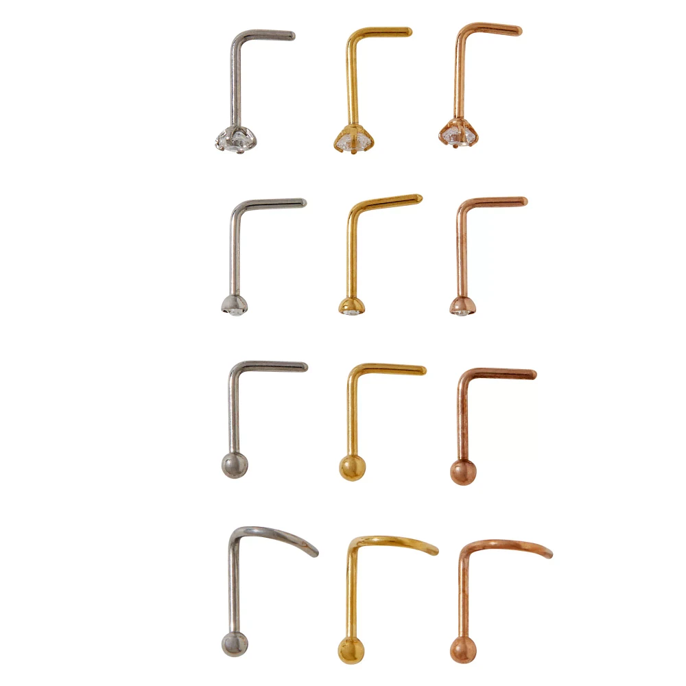 Multi-Pack CZ L-Bend and Screw Nose Rings 12 Pack