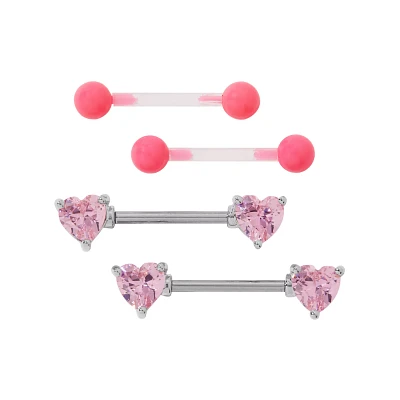 Multi-Pack CZ Pink Heart Nipple Barbells - 2 Pair