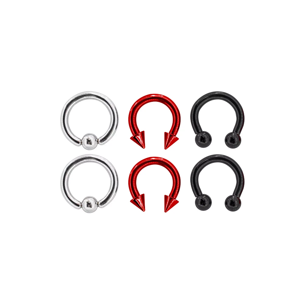 Multi-Pack Silvertone Red and Black Captive Bead Rings and Horseshoe Rings 6 Pack - 10 Gauge