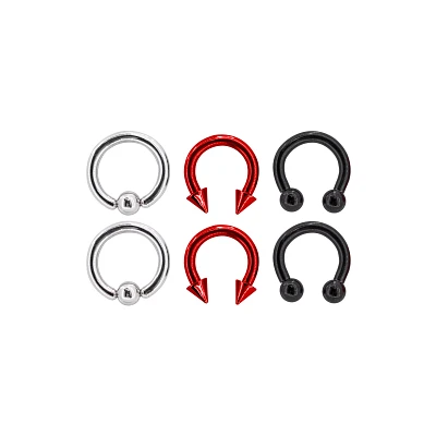 Multi-Pack Silvertone Red and Black Captive Bead Rings and Horseshoe Rings 6 Pack - 10 Gauge