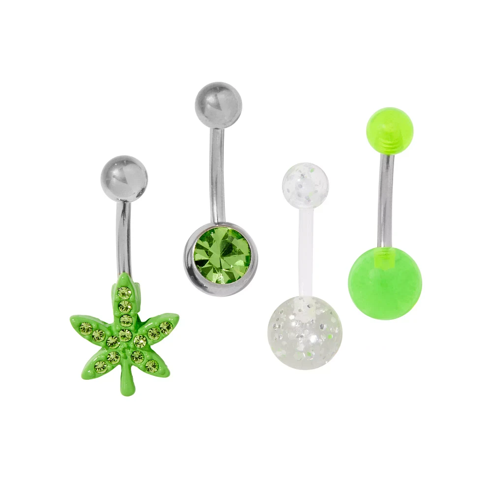 Multi-Pack CZ Weed Leaf Belly Rings - 14 Gauge