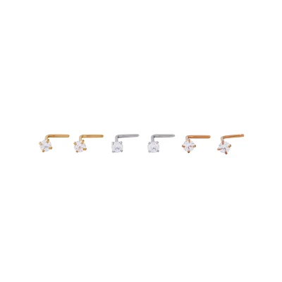 Multi-Pack Prong CZ L-Bend Nose Rings 6 Pack – 20 Gauge