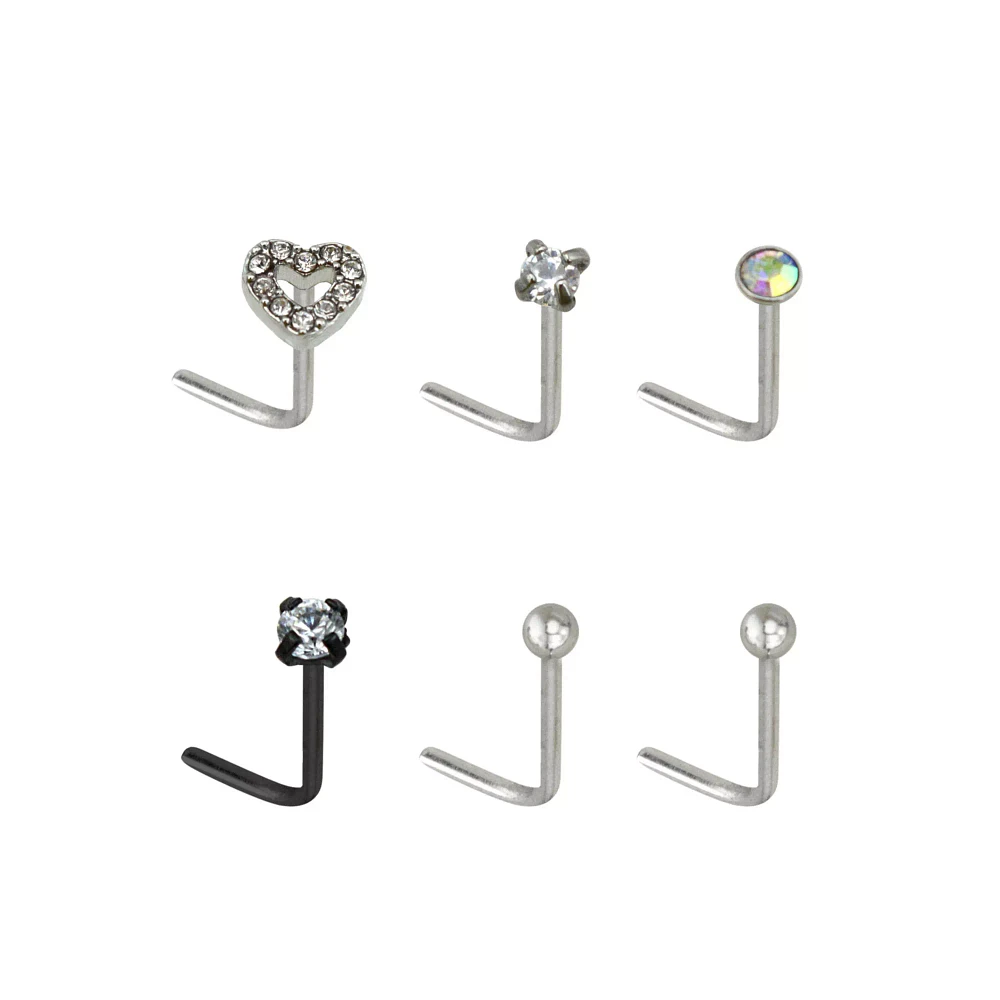Multi-Pack CZ Heart L-Bend Nose Rings 6 Pack - 20 Gauge