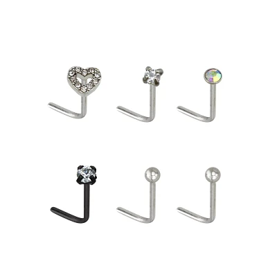 Multi-Pack CZ Heart L-Bend Nose Rings 6 Pack - 20 Gauge