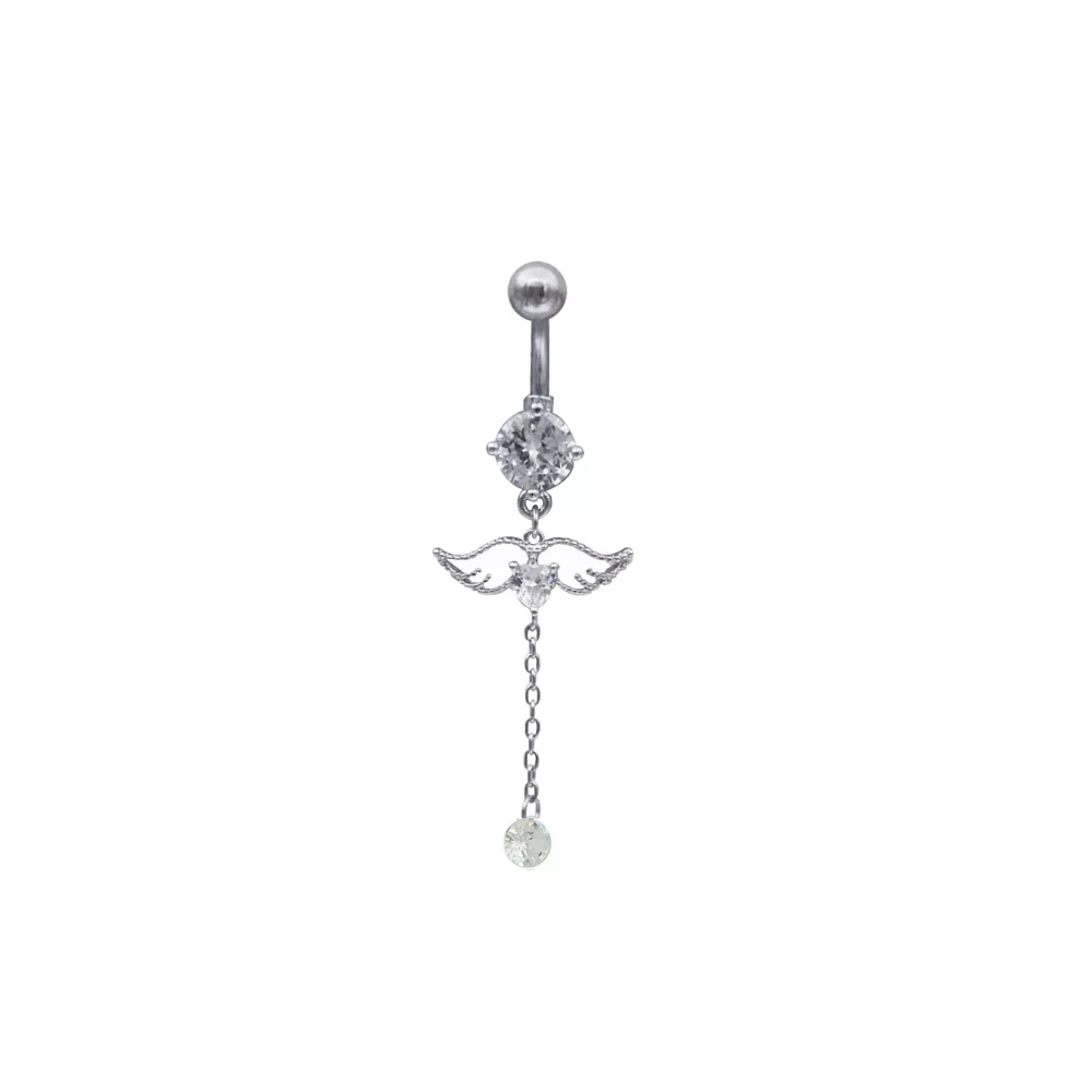 CZ Angel Wings Dangle Belly Ring - 14 Gauge