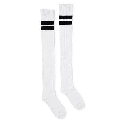 Dual Athletic Stripe Over The Knee Socks - White and Black