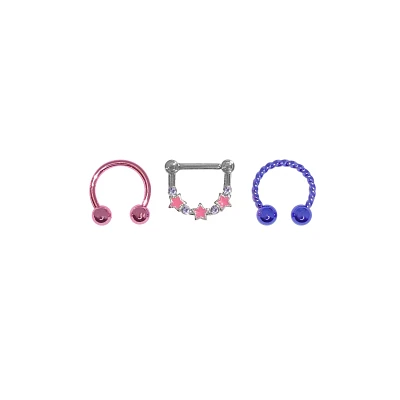 Multi-Pack Pink and Purple Star Septum Rings 3 Pack - 16 Gauge