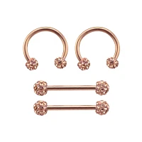 Multi-Pack Rose Goldtone Pave Nipple Barbells and Horseshoe Rings 2 Pair - 14 Gauge
