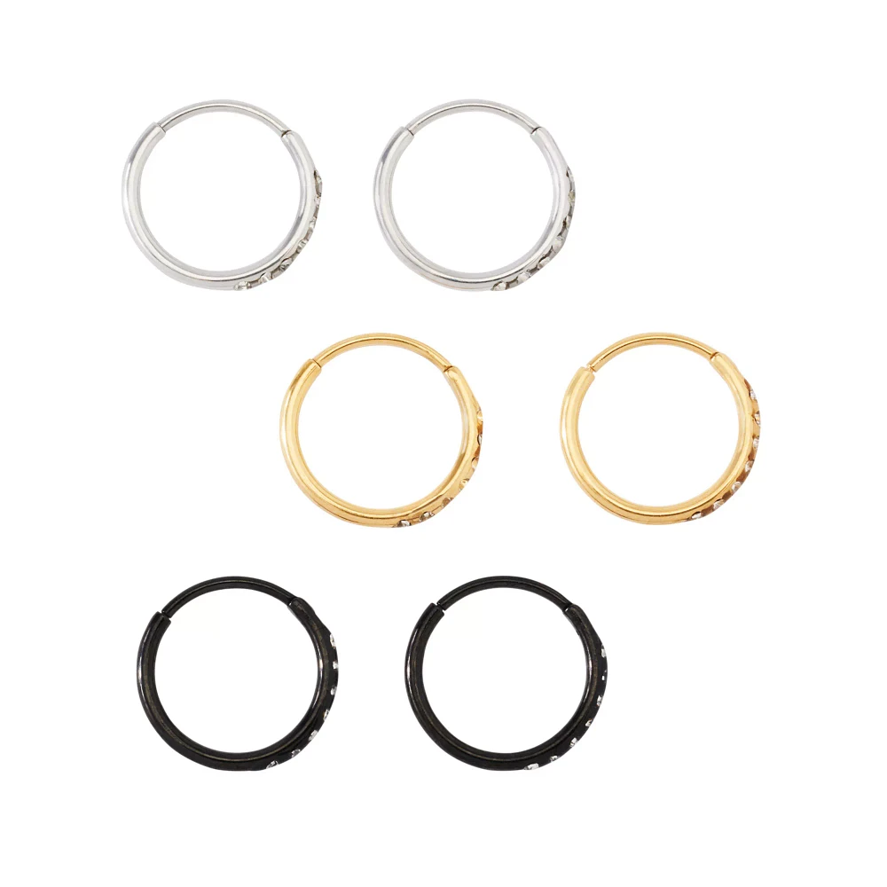 Multi-Pack CZ Black Silver Goldtone Hoop Earrings 6 Pack - 20 Gauge