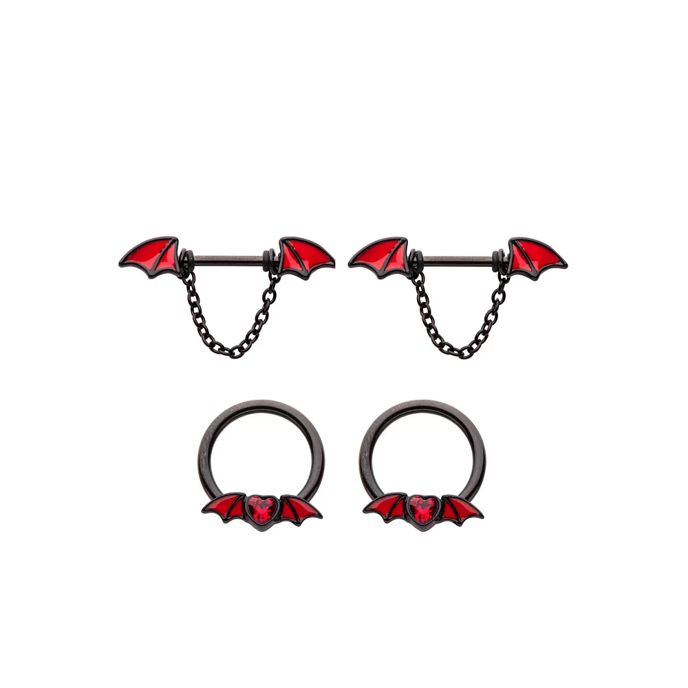 Multi-Pack Black Bat Dangle Nipple Barbells 2 Pair - 14 Gauge