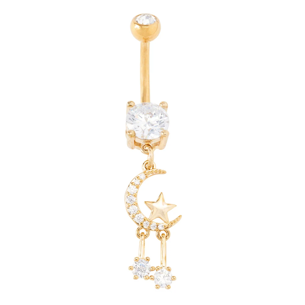 CZ Goldtone Moon and Star Dangle Belly Ring - 14 Gauge
