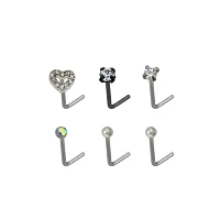 Multi-Pack Prong CZ Heart L-Bend Nose Rings 6 Pack - 20 Gauge