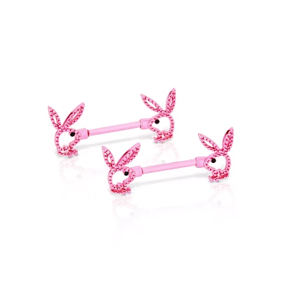 CZ Pink Playboy Bunny Cutout Nipple Barbells - 14 Gauge