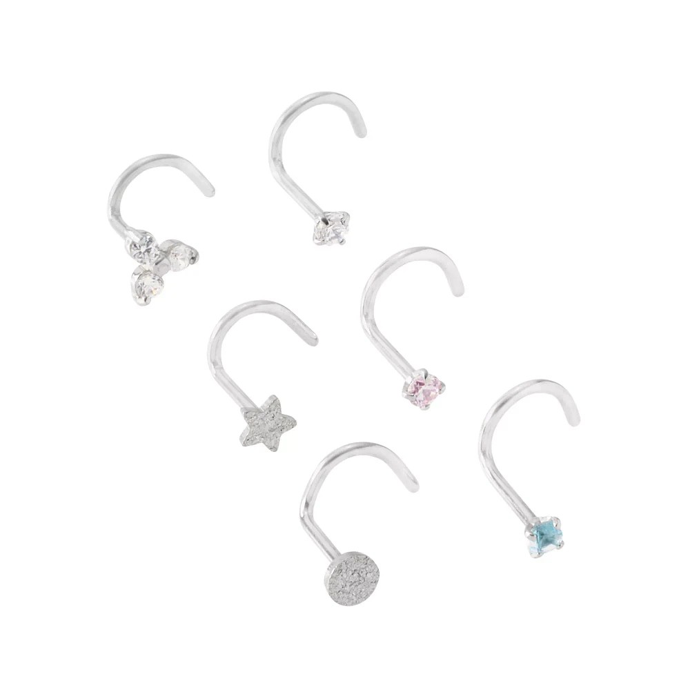 Multi-Pack Blue and Pink CZ Star Silver-Plated Screw Nose Rings - 6 Pack