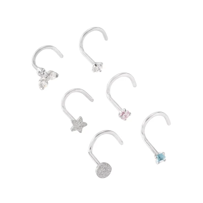 Multi-Pack Blue and Pink CZ Star Silver-Plated Screw Nose Rings - 6 Pack