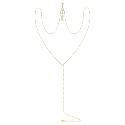 CZ Goldtone Moon Star Chain Dangle Belly Ring - 14 Gauge