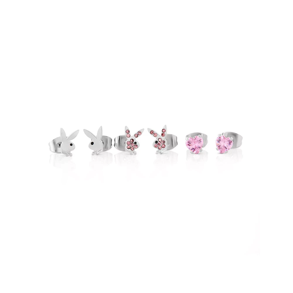 Multi-Pack CZ Pink Playboy Bunny Heart Stud Earrings 3 Pack - 20 Gauge