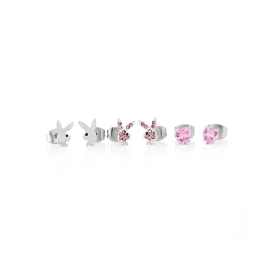 Multi-Pack CZ Pink Playboy Bunny Heart Stud Earrings 3 Pack - 20 Gauge