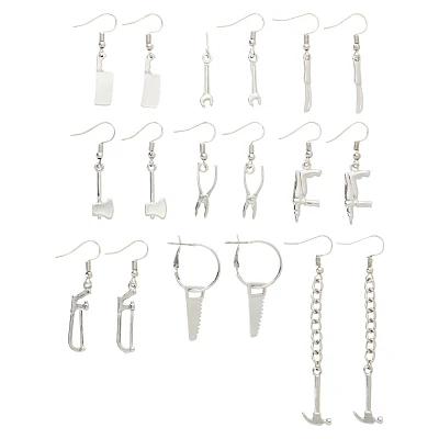 Multi-Pack Silvertone Knife Axe Hammer Weapon Dangle Earrings - 9 Pair