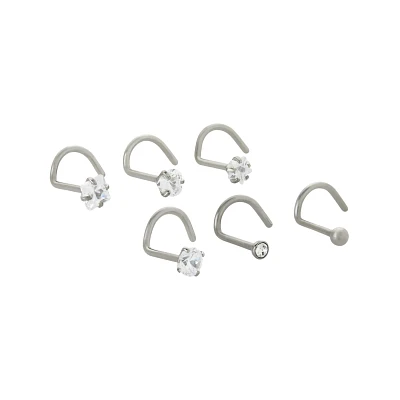 Multi-Pack CZ Gem Silver-Plated Screw Nose Rings - 6 Pack