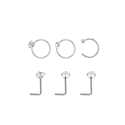 Multi-Pack Round and Square CZ L-Bend Nose Rings Hoop 6 Pack - 20 Gauge