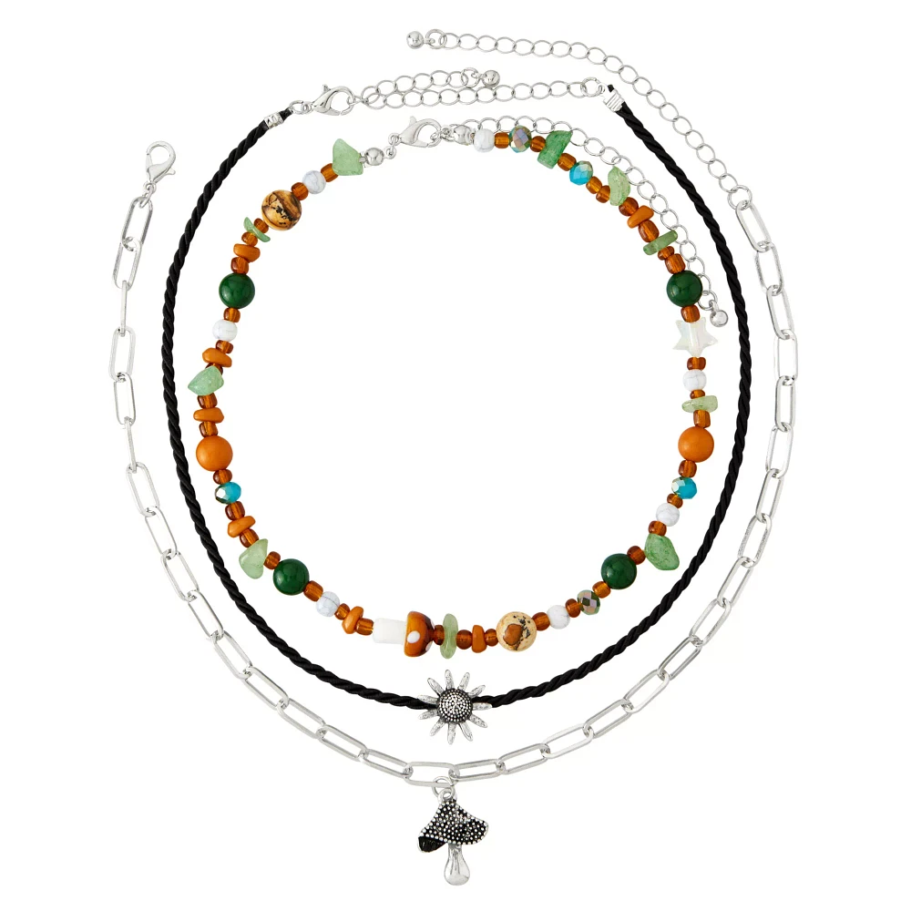 Multi-Pack Cord Chain Bead Sun Mushroom Necklace - 3 Pack