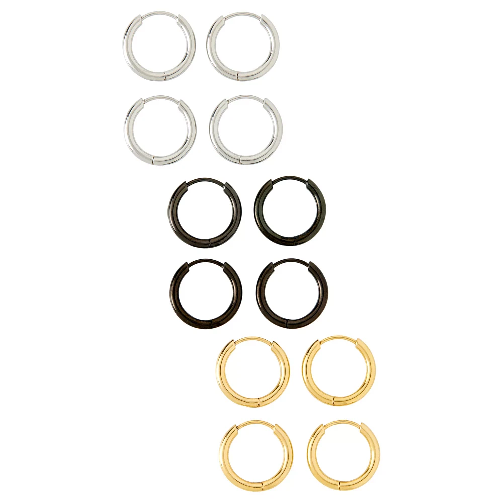 Multi-Pack Silvertone Black and Goldtone Hoop Earrings 6 Pair - 20 Gauge