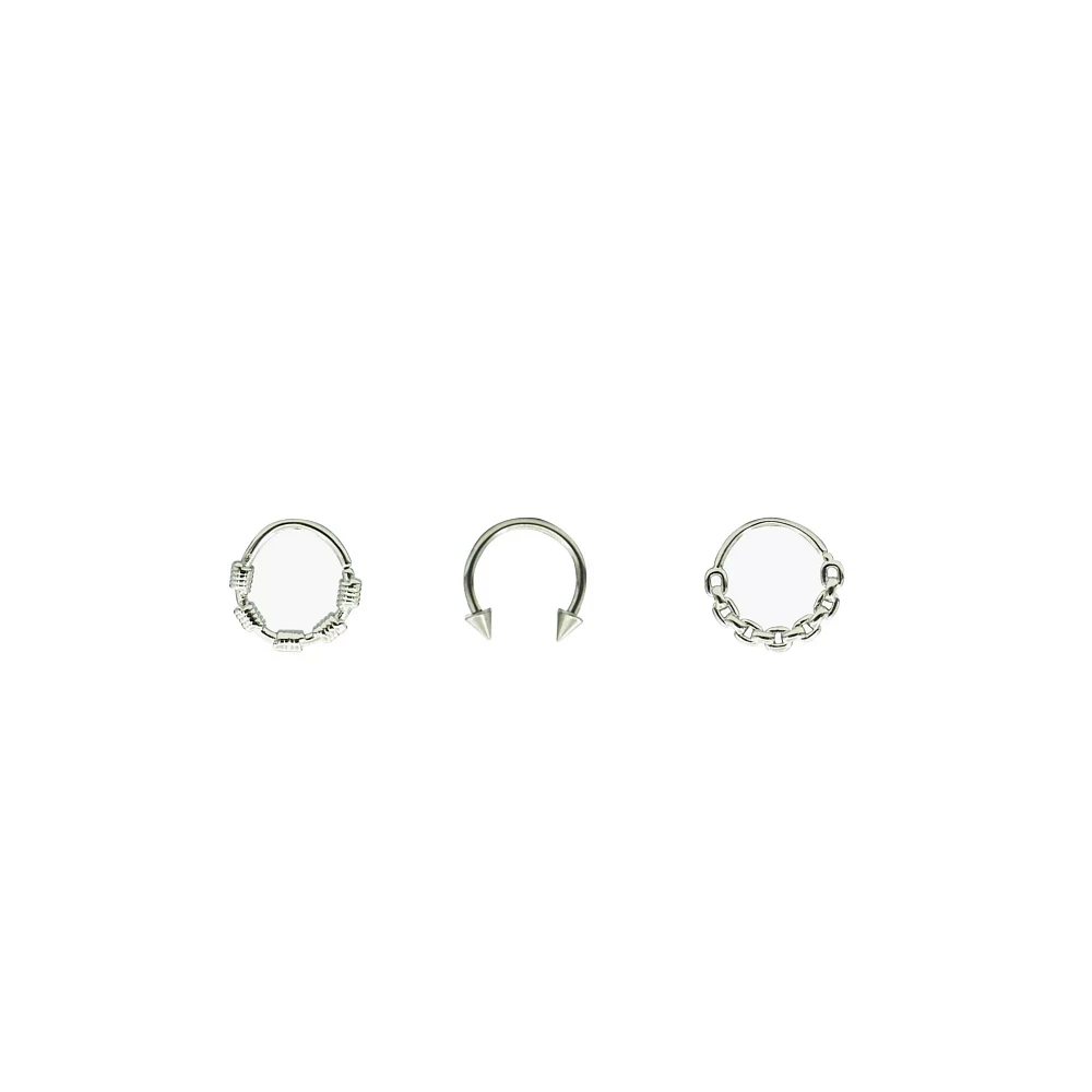 Multi-Pack Silvertone Wire Septum Rings and Horseshoe Ring 3 Pack - 16 Gauge