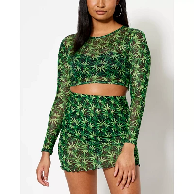 Long Sleeve Weed Leaf Mesh Crop Top