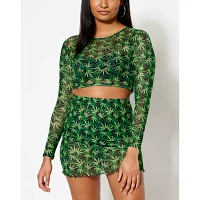 Long Sleeve Weed Leaf Mesh Crop Top