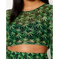 Long Sleeve Weed Leaf Mesh Crop Top