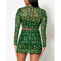 Long Sleeve Weed Leaf Mesh Crop Top