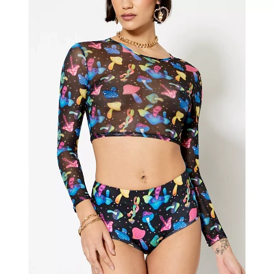 Long Sleeve Trippy Mushroom Mesh Crop Top