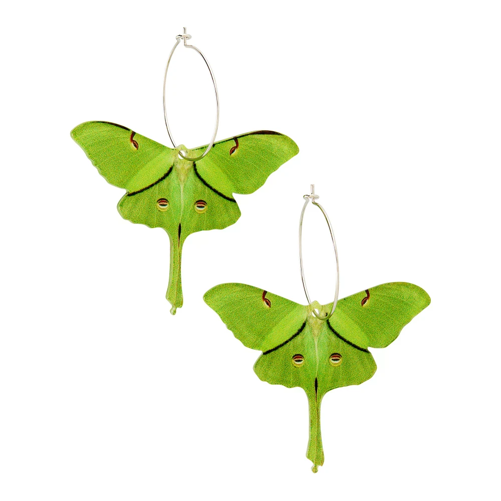Green Luna Moth Dangle Hoop Earrings