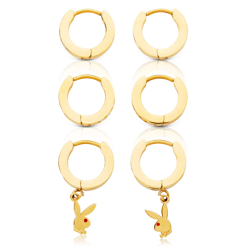 Goldtone CZ Playboy Bunny Hoop Huggie Dangle Earrings - 3 Pack