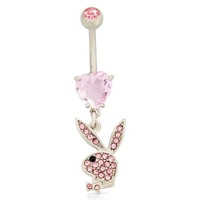 CZ Pink Playboy Bunny Heart Dangle Belly Ring - 14 Gauge