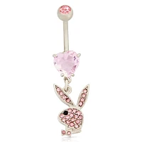 CZ Pink Playboy Bunny Heart Dangle Belly Ring - 14 Gauge