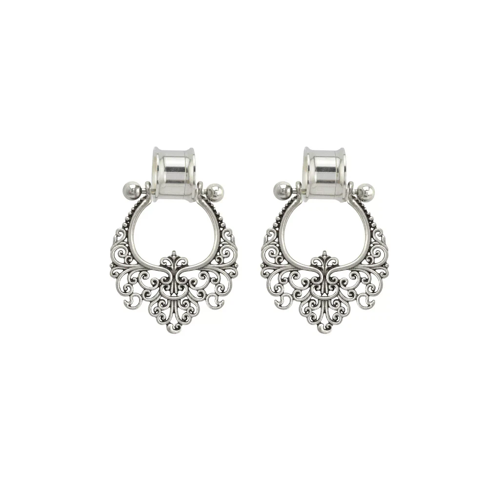 Silvertone Filigree Dangle Double Flare Tunnels