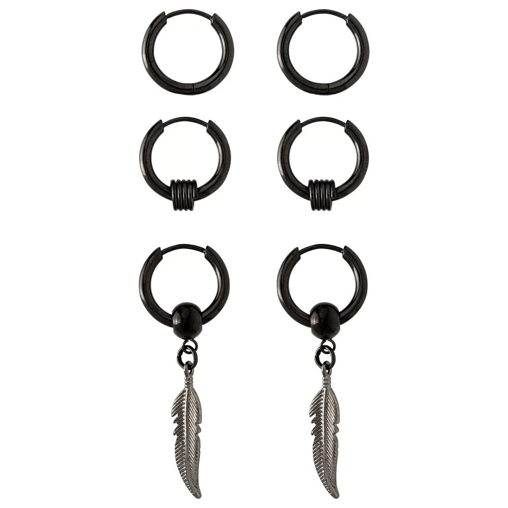 Multi-Pack Black Feather Huggie Hoop Dangle Earrings 3 Pack - 20 Gauge