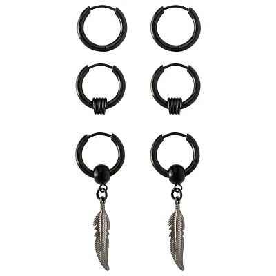 Multi-Pack Black Feather Huggie Hoop Dangle Earrings 3 Pack - 20 Gauge