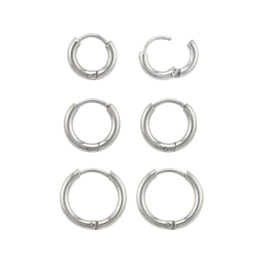 Multi-Pack Silvertone Huggie Hoop Earrings Graduated Sizes - 3 Pair