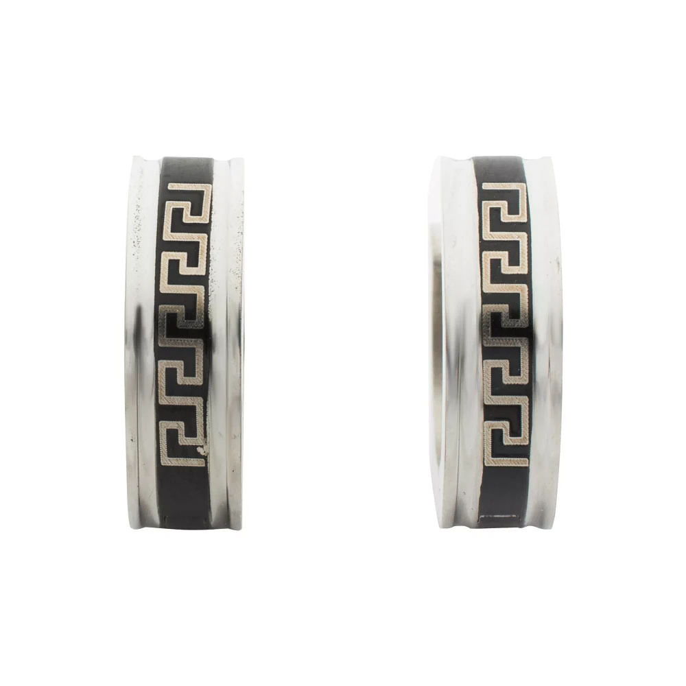 Silvertone and Black Greek Huggie Hoop Earrings
