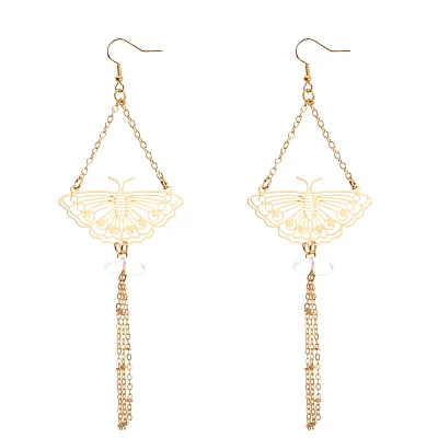 Goldtone Moth Drop Chain Dangle Earrings