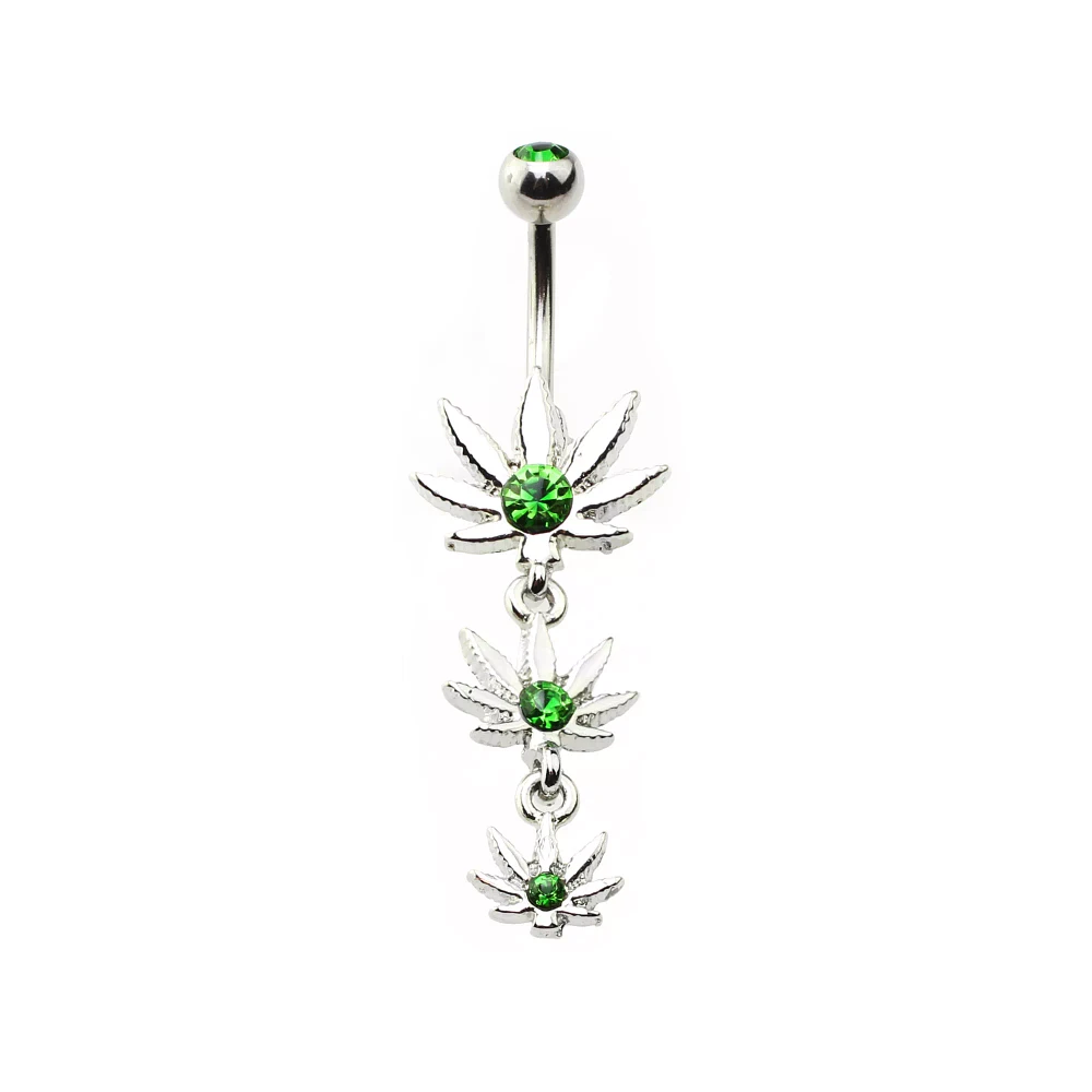 CZ Green Triple Weed Leaf Dangle Belly Ring - 14 Gauge