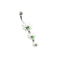 CZ Green Triple Weed Leaf Dangle Belly Ring - 14 Gauge