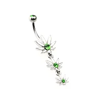 CZ Green Triple Weed Leaf Dangle Belly Ring - 14 Gauge