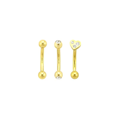 Multi-Pack CZ Goldtone Heart Curved Barbells 3 Pack - 16 Gauge