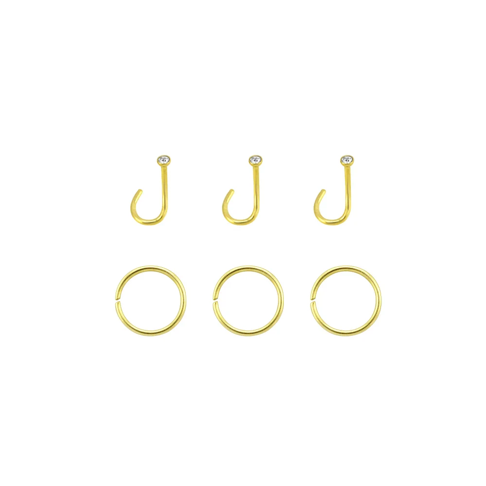 Multi-Pack Goldtone CZ Screw and Hoop Nose Rings 6 Pack - 20 Gauge