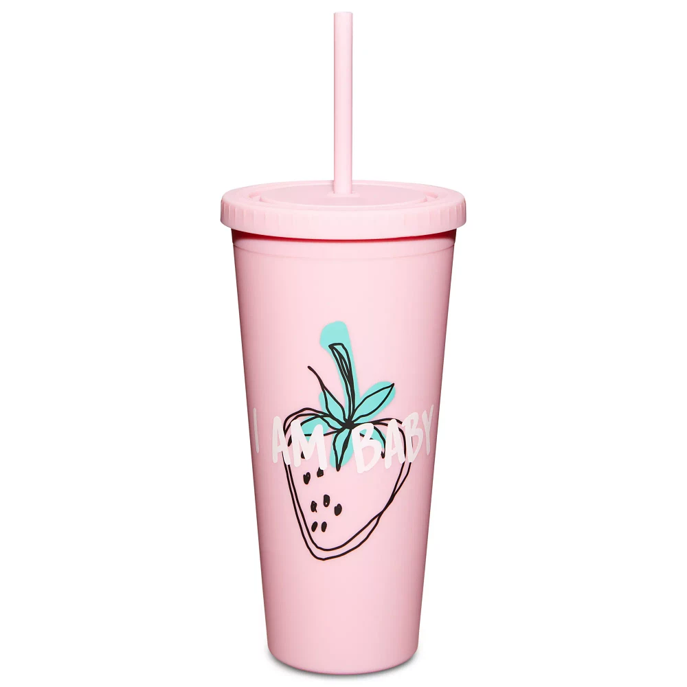 I Am Baby Pink Strawberry Cup With Straw