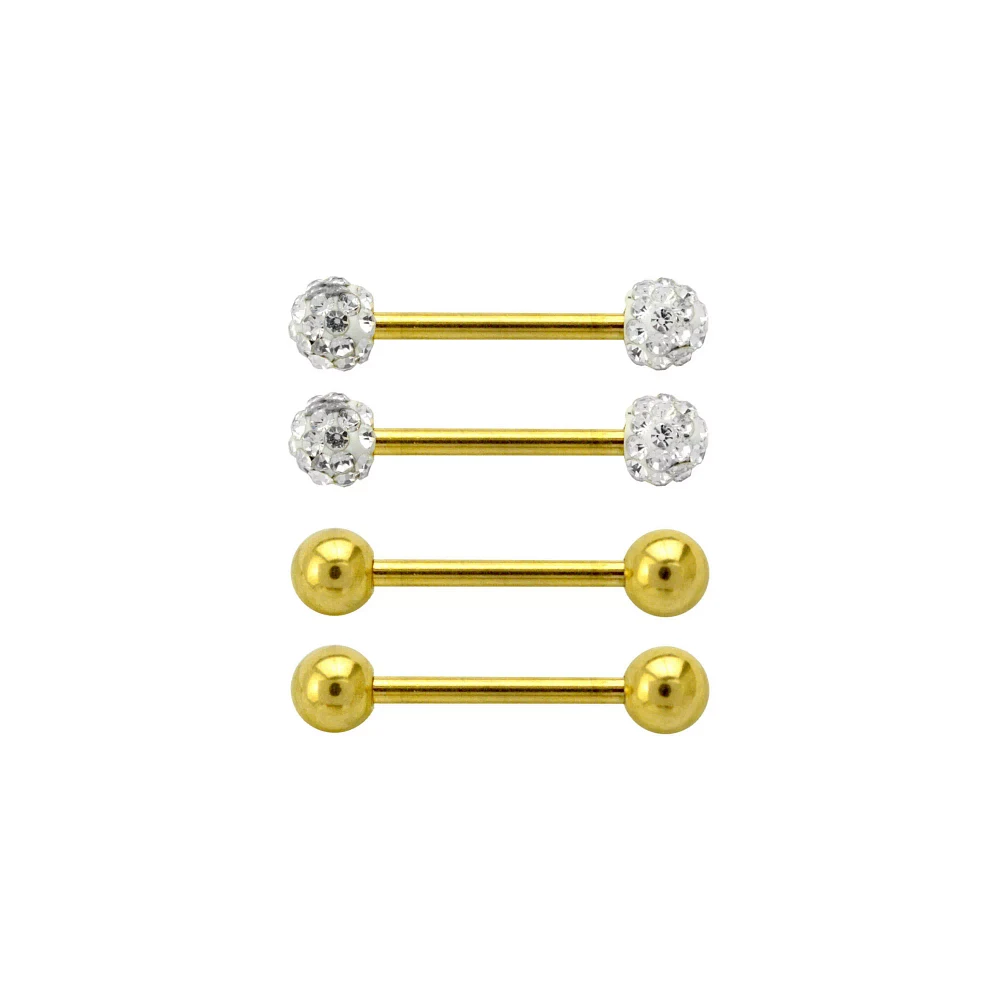 Multi-Pack Goldtone Pave Nipple Barbells 4 Pack - 14 Gauge
